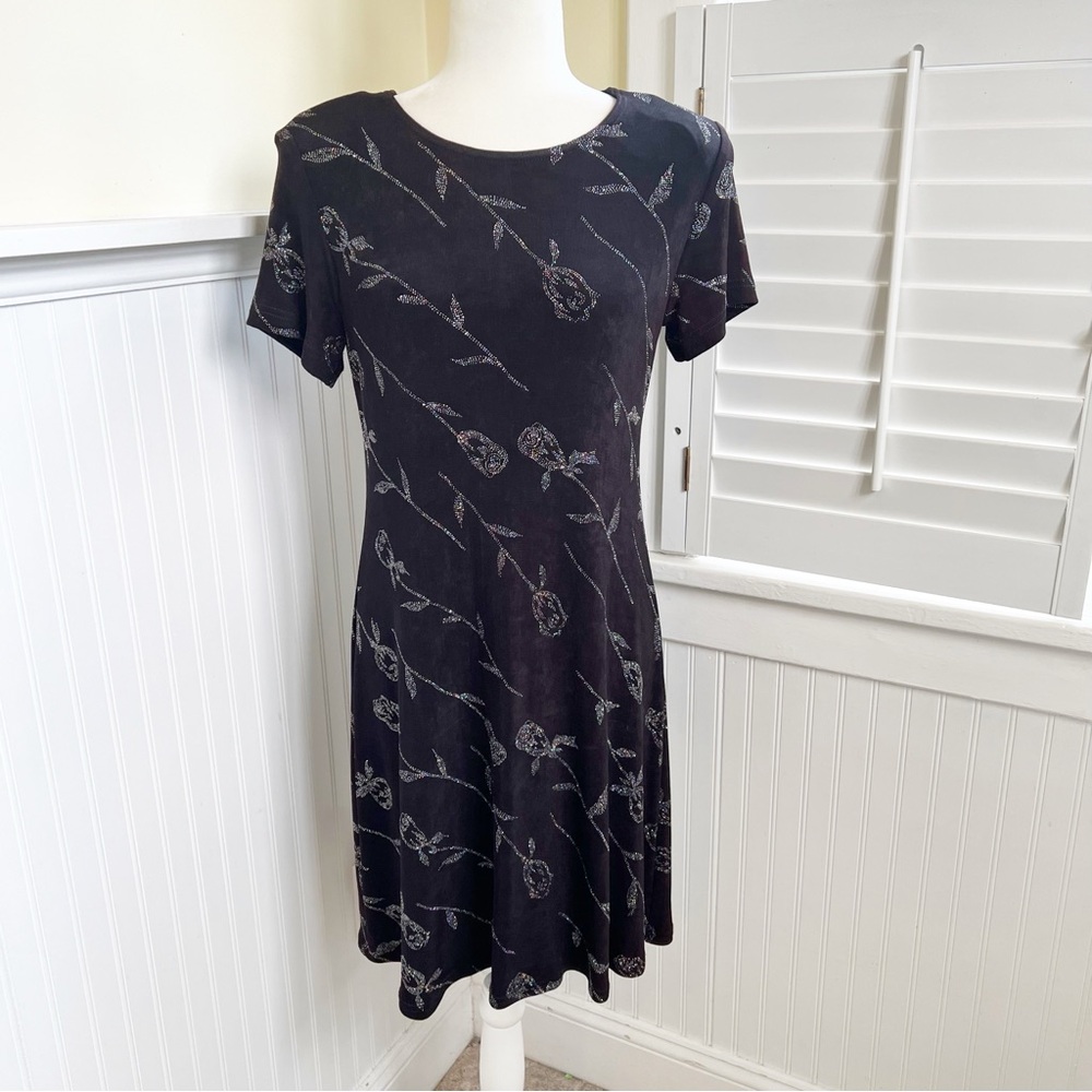 Molly Malloy Evening Black Slinky Knit & Silver Rhinestone Short Sleeve Dress 6P